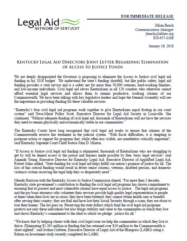 KY Legal Aid Directors Joint Letter Regarding Elimination of Access to
